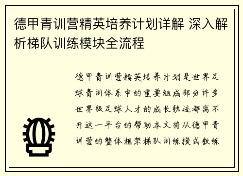 德甲青训营精英培养计划详解 深入解析梯队训练模块全流程