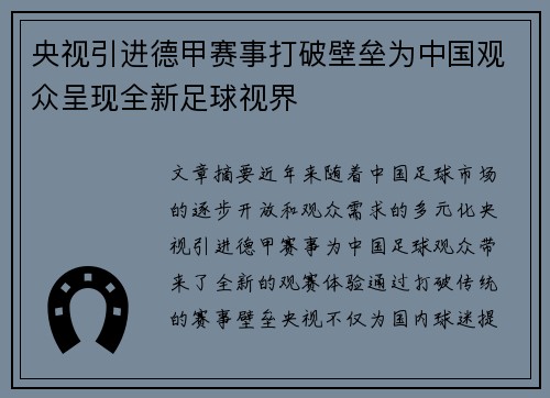 央视引进德甲赛事打破壁垒为中国观众呈现全新足球视界