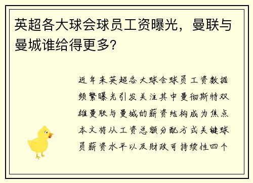 英超各大球会球员工资曝光，曼联与曼城谁给得更多？
